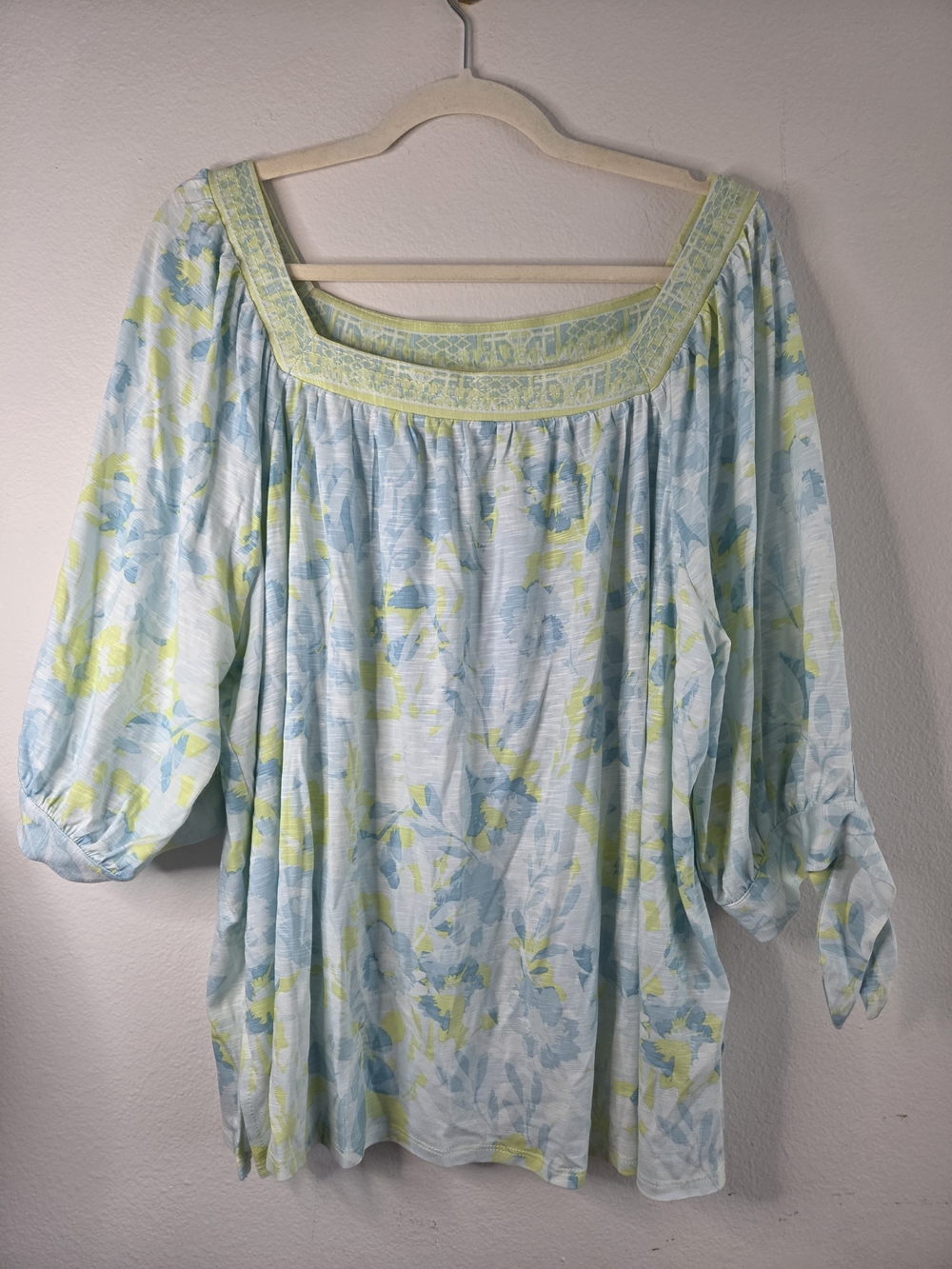 Ruby Rd. Light Blue and Lime Floral Blouse